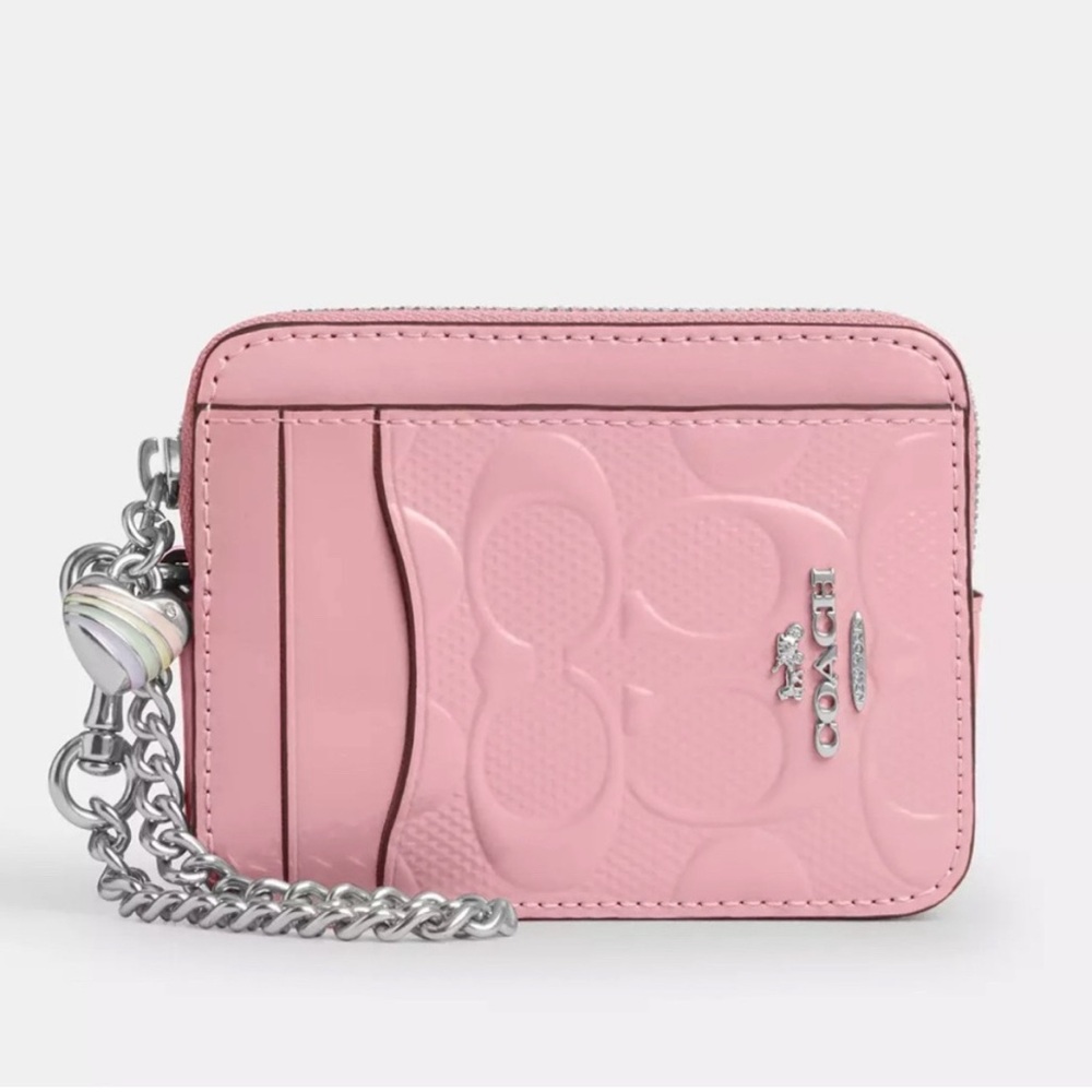 Coach Pink Embossed Leather Card & Key Holder with Heart Charm